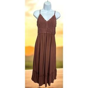 Hint of Blush Crochet Boho Midi Dress Sz S Rose Taupe Sleeveless Cotton Gauzy